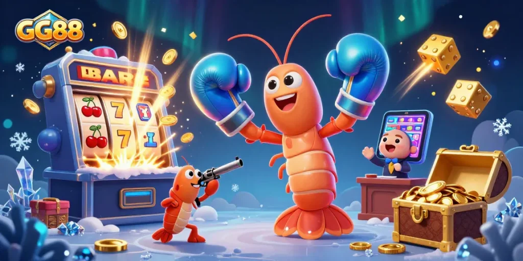 Experience thrilling wins at GG88 with an exciting 3D casino illustration featuring vibrant characters and casino games.