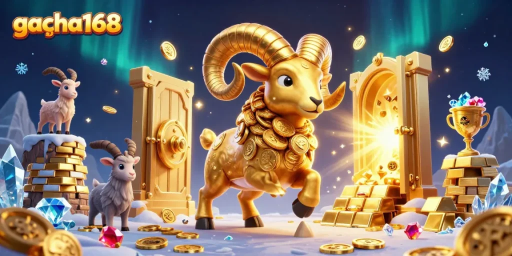 Join gacha168's thrilling world of slots as a golden ram charges through treasure!