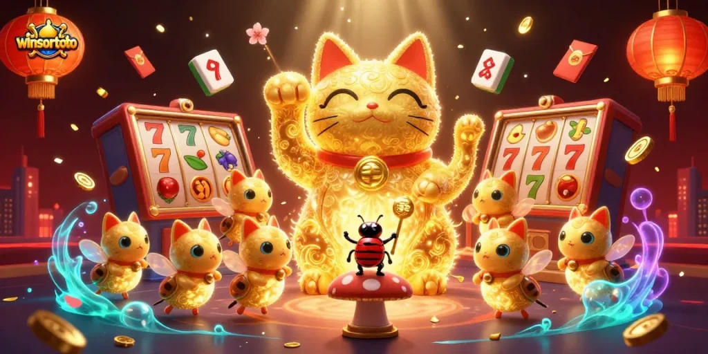 Winsortoto menghadirkan ilustrasi dinamis kasino dengan kucing keberuntungan yang melambai menggunakan simbol-simbol kasino berkilau.