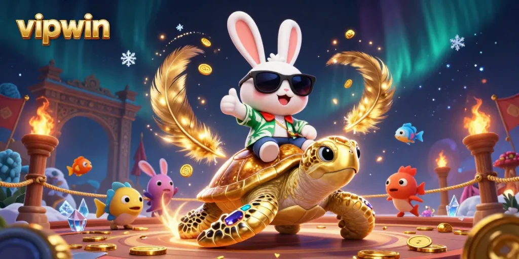 Win exciting rewards at vipwin with our playful rabbit and golden sea turtle in a vibrant casino scene!