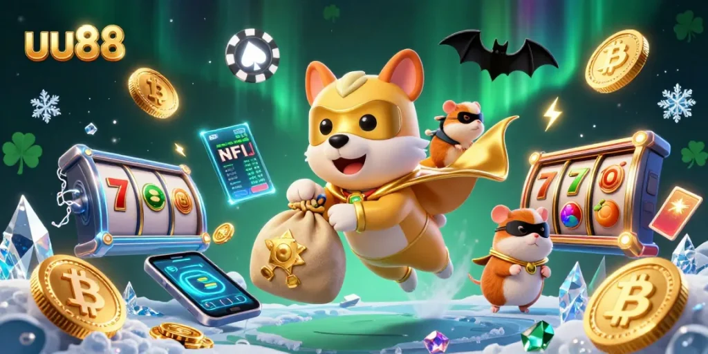 uu88 engages players with a thrilling cartoon scene of a superhero dog and hamster, reflecting the excitement of online gambling.