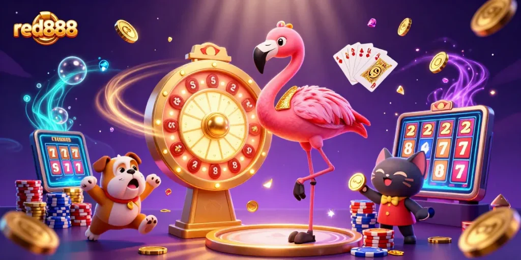 Win big with red888: Exciting casino scene featuring a flamingo host, bulldog contestant, and cat scoreboard.