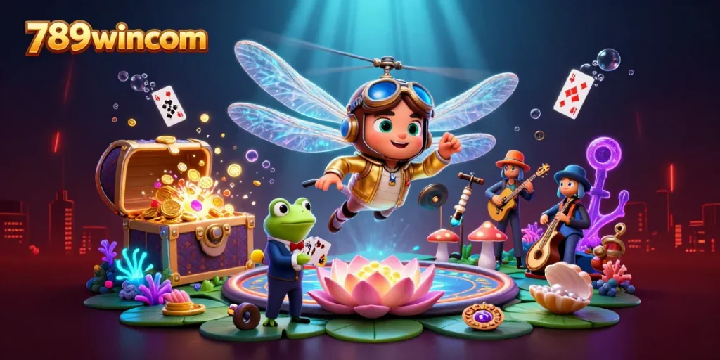 Engage in exciting gameplay at 789wincom with a lively casino scene featuring a dragonfly pilot and frog croupier.