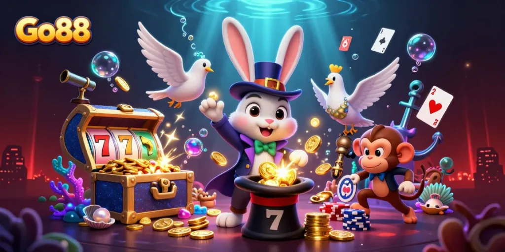 Go88 magical illustration showing a rabbit magician and characters enjoying slots and poker games.