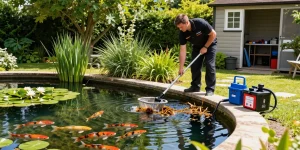 Pond Cleaning Essex: Expert technician maintaining a healthy backyard pond with clear water and vibrant lilies.