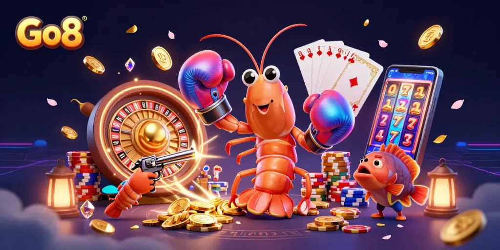 Go8 celebrates casino fun with vibrant mantis shrimp and thrilling gaming elements in action.