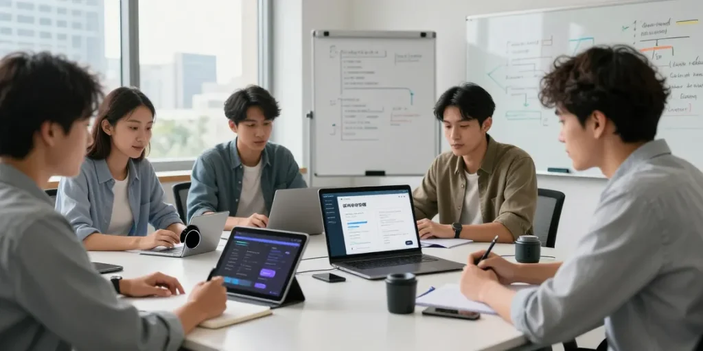 Collaboration on 纸飞机中文版 app in a modern tech workspace with developers brainstorming.