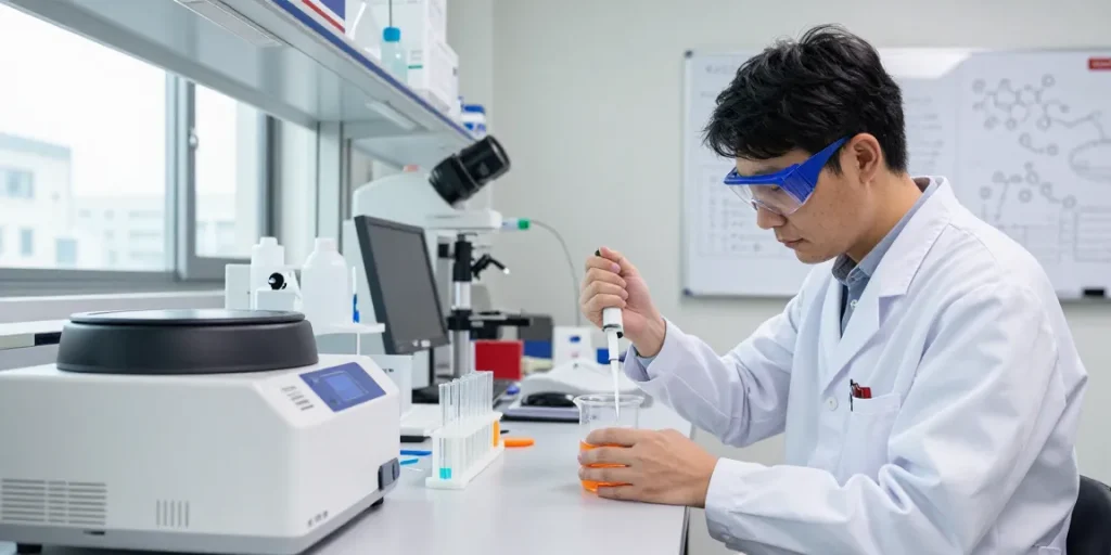 Scientist measuring SwissChems peptides in a professional lab environment with sterile equipment and vibrant liquids.
