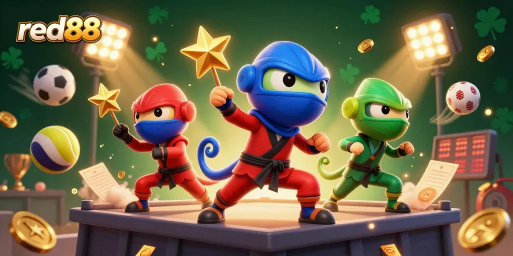 Betting with red88: Ninja chameleons battle with sports elements in a vivid casino scene.
