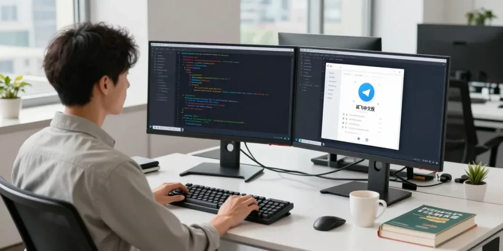 Professional tech workspace showcasing 纸飞机中文版 on monitors, modern office decor with coding elements.
