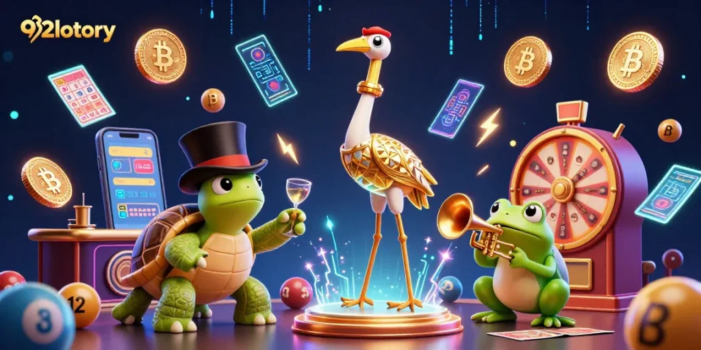 Engage with 92lottery as a vibrant illustration showcases a lively lottery scene with iconic characters.