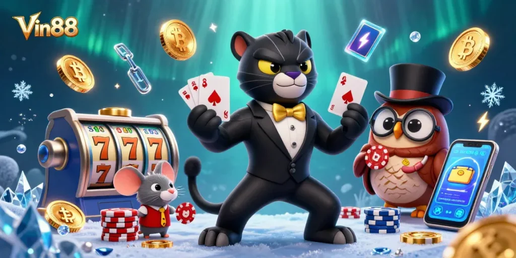 Engage with Vin88's thrilling slots environment featuring a stylish panther, owl, and lucky mouse amidst vibrant game elements.