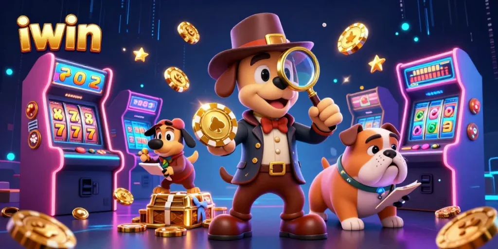 Play iwin's exciting casino games, featuring a bloodhound detective and colorful slots in action.