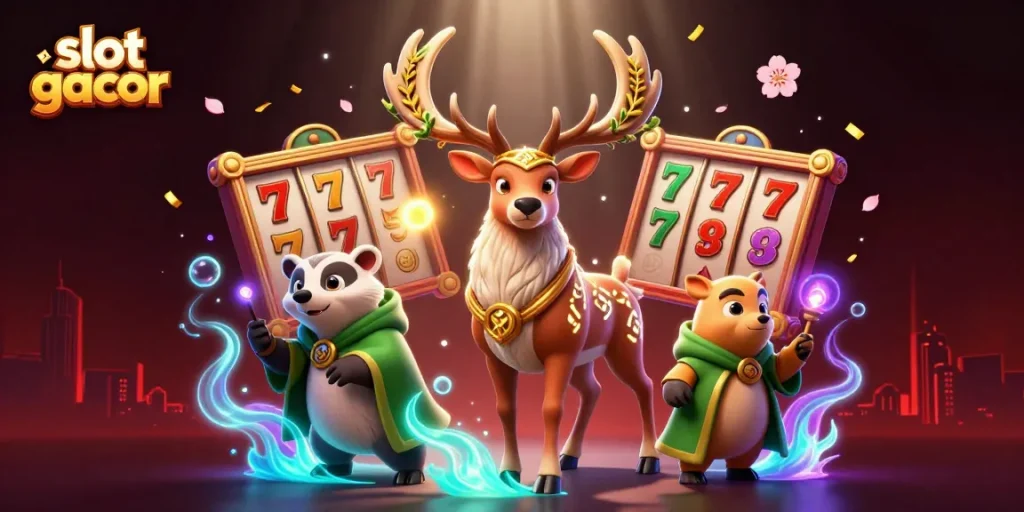 Engage in exciting gameplay with slot gacor, featuring vibrant scenes of themed slots and mystical characters.
