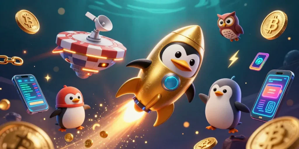 Win jackpots with the spaceman slot as a golden penguin rockets towards a casino station filled with awards.