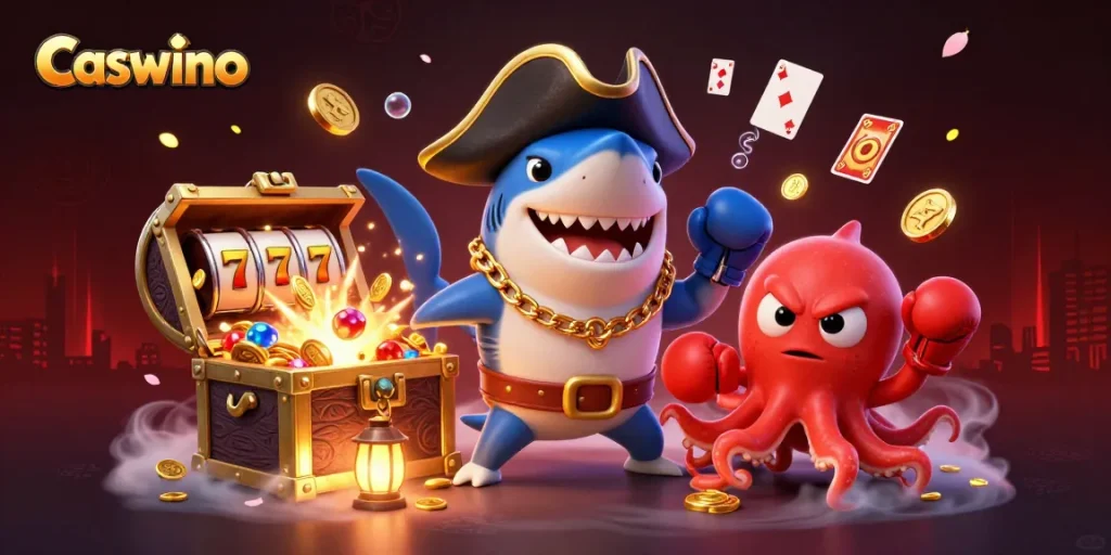 Caswino showcases a dynamic casino scene with a cartoon pirate shark, pufferfish, and octopus amid slot game elements.