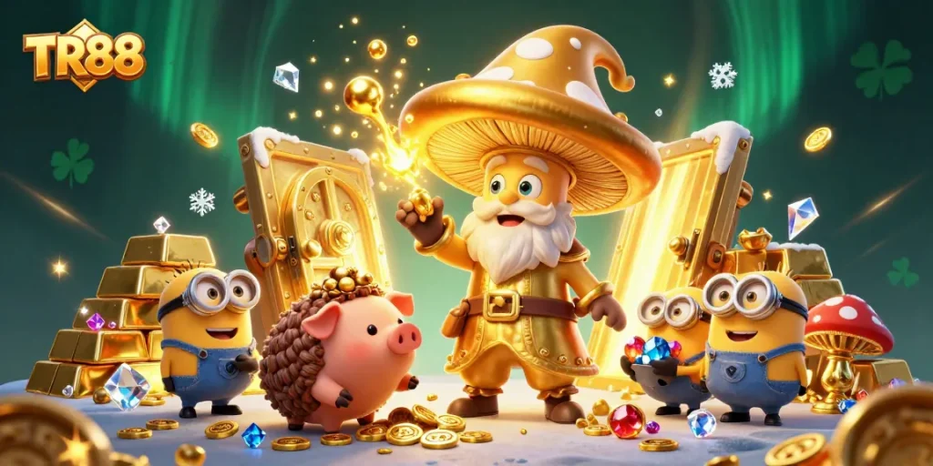 Engage with the magic of TR88, featuring a golden wizard and treasure in a vibrant casino setting.