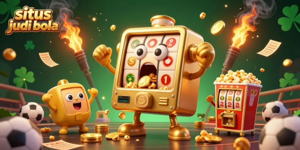 Engage with situs judi bola as a dynamic sports betting scene featuring animated golden slot machines and vibrant gaming elements.