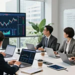 Team meeting at a modern financial office discussing cibc digital business strategies with digital analytics displayed.