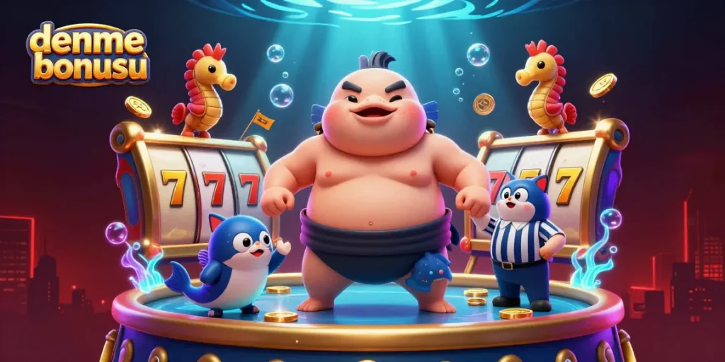 Experience the excitement of deneme bonusu at a casino with vibrant slot reels and animated characters.