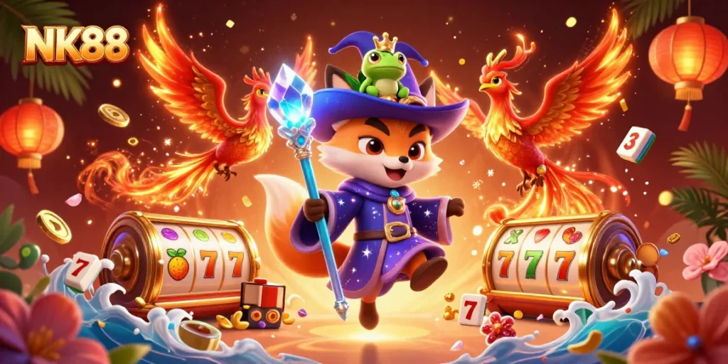 Experience thrilling slots and jackpots with NK88, featuring enchanted wizard fox and phoenix in a vibrant casino setting.