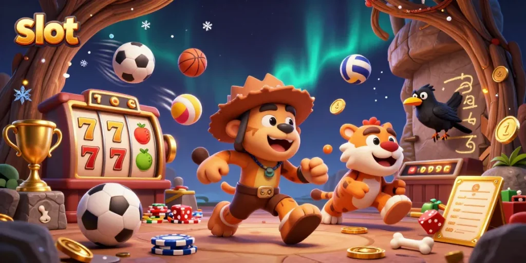 Experience thrilling slot gameplay with caveman and tiger duo running a prehistoric casino.