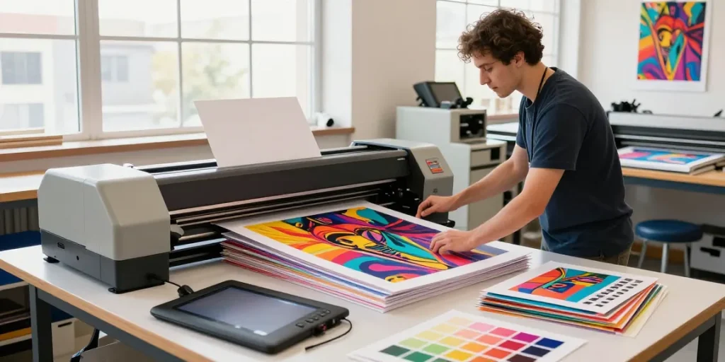 Technician operating poster printer machines in a vibrant print shop environment.