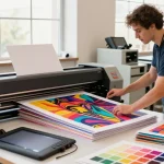 Technician operating poster printer machines in a vibrant print shop environment.