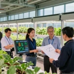 Indoor agriculture design with cika4d team discussing plant layout and climate control systems in a modern facility.