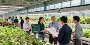 Indoor agriculture design with cika4d team discussing plant layout and climate control systems in a modern facility.