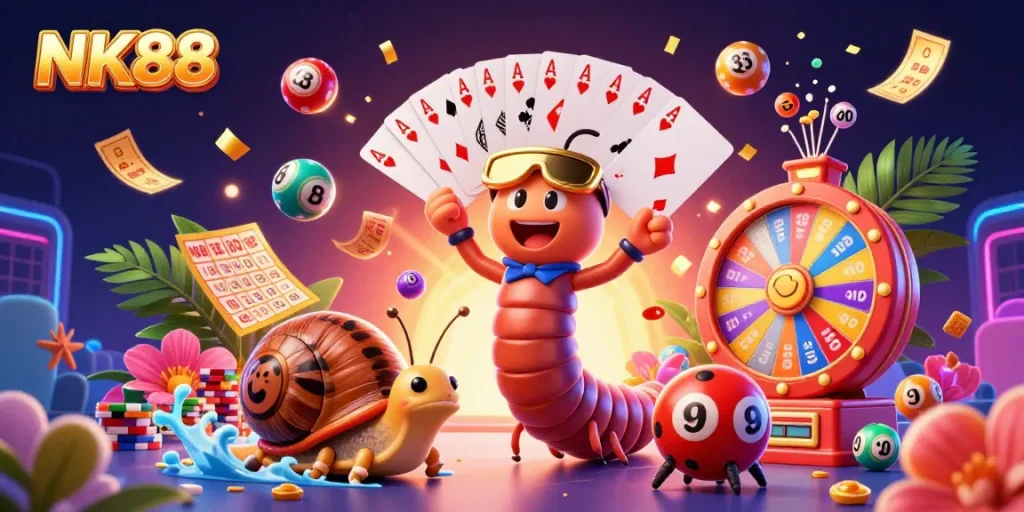 Experience thrilling action with NK88's vibrant casino scene featuring a cartoon millipede dealer and a high-roller snail.