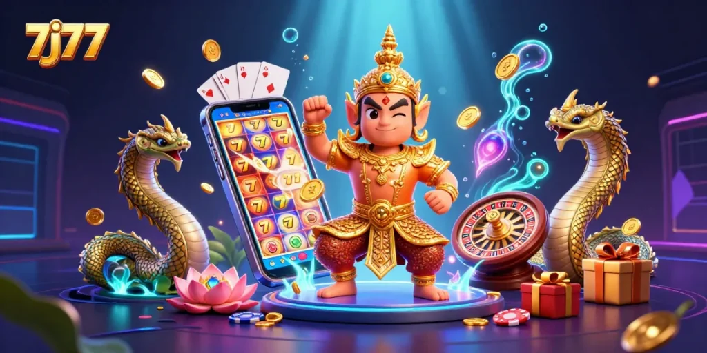 Experience the exciting gameplay of 7j77 with the vibrant 3D casino scene showcasing slot games and dynamic elements.