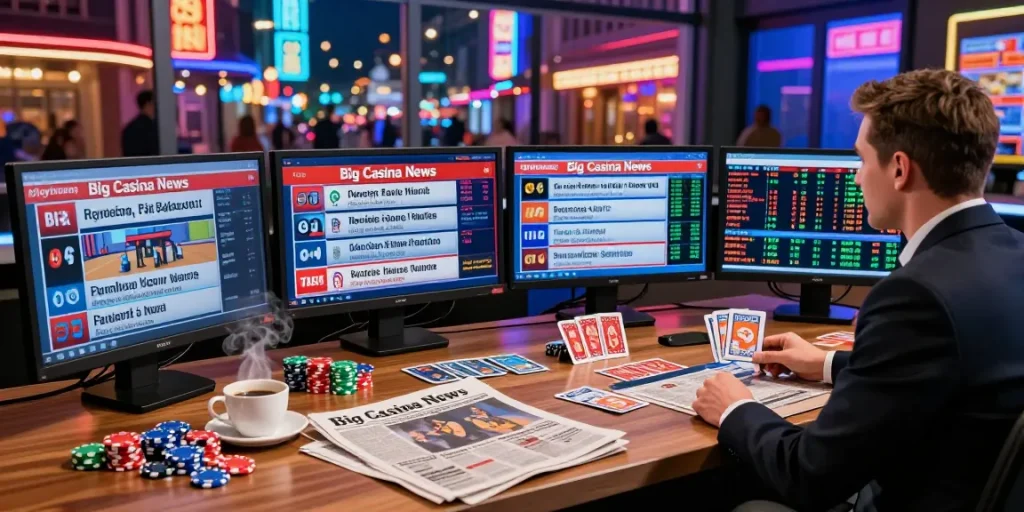 Dynamic reporting scene showcasing Big Casino News updates in a vibrant urban environment.