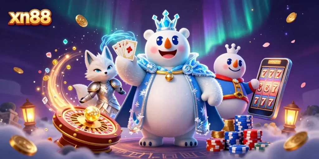 Experience xn88's thrilling casino atmosphere with a polar bear king and frosty armory, surrounded by vibrant game elements.