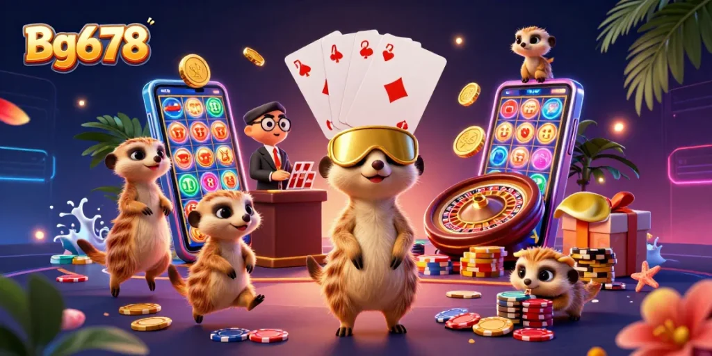 Join the fun at Bg678, where animated meerkats run a vibrant casino filled with games!