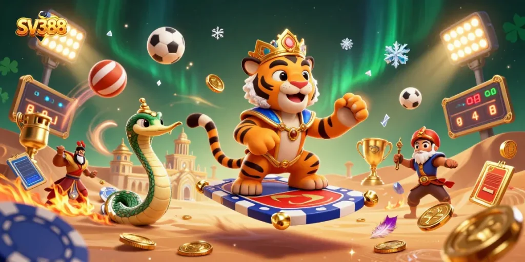 Experience the excitement of SV388 with dynamic cockfighting and sports betting elements in a dazzling 3D illustration.