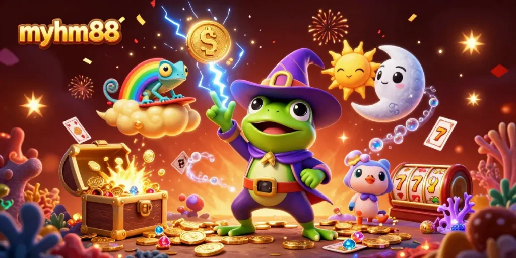 Spin to win at myhm88 with a vibrant 3D casino scene featuring magical characters and golden treasures.