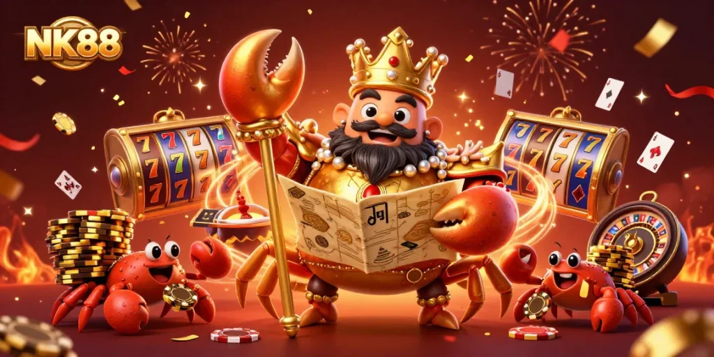 Experience thrilling gaming at NK88 with golden crab emperor and dynamic casino elements.
