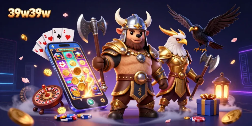 Experience dynamic gaming with the 39w39w Viking and Valkyrie in a vibrant casino scene