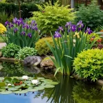 Pond plants like water lilies and irises enhancing a tranquil garden pond scene