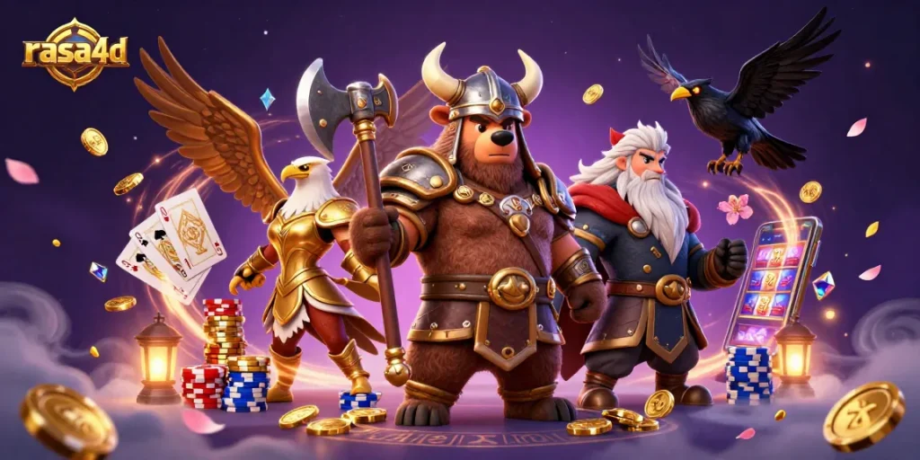 Rasakan keseruan RASA4D dengan kombinasi simbol jackpot dan koin emas terbang dalam permainan kasino.