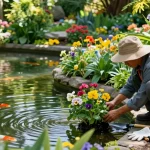 Pond plants flourishing in a serene garden setting with a gardener nurturing flowers beside the tranquil pond.