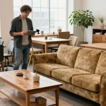 شراء أثاث مستعمل بالرياض, evaluating second-hand furniture in a bright cozy showroom.