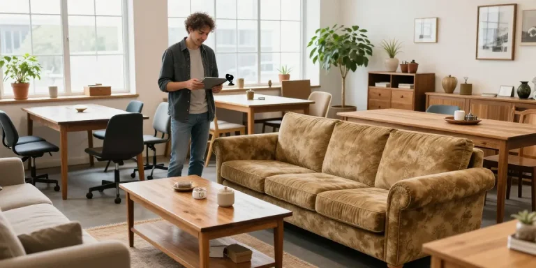 شراء أثاث مستعمل بالرياض, evaluating second-hand furniture in a bright cozy showroom.