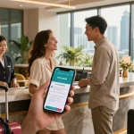 Couple booking at hotel reception showcasing rokok88 slot booking app in Jakarta Barat.