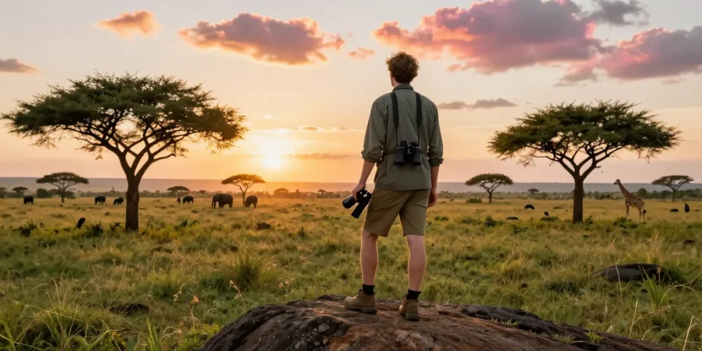 NAGA2000 traveler in Kidepo Valley National Park during sunset, exploring wildlife.