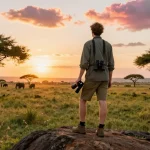 NAGA2000 traveler in Kidepo Valley National Park during sunset, exploring wildlife.