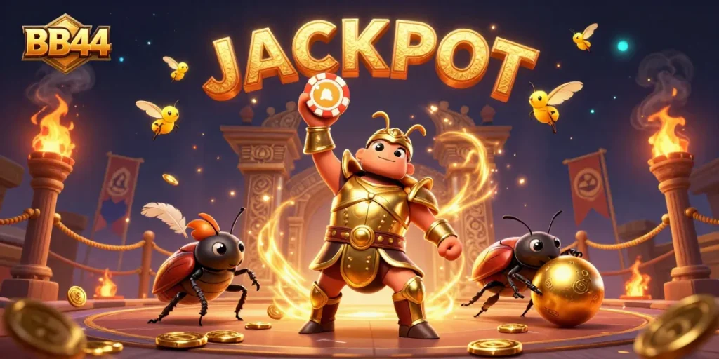 BB44’s vibrant 3D illustration showcases a hercules beetle in golden armor lifting a poker chip amid glowing casino elements.