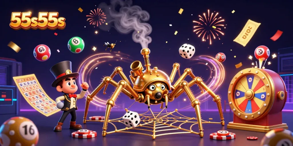 Visualize the 55s55s world with golden chains, colorful lottery balls, and a steampunk spider web.
