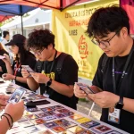 オリパ おすすめのトレーディングカードを披露している若者と賑やかなイベントの背景